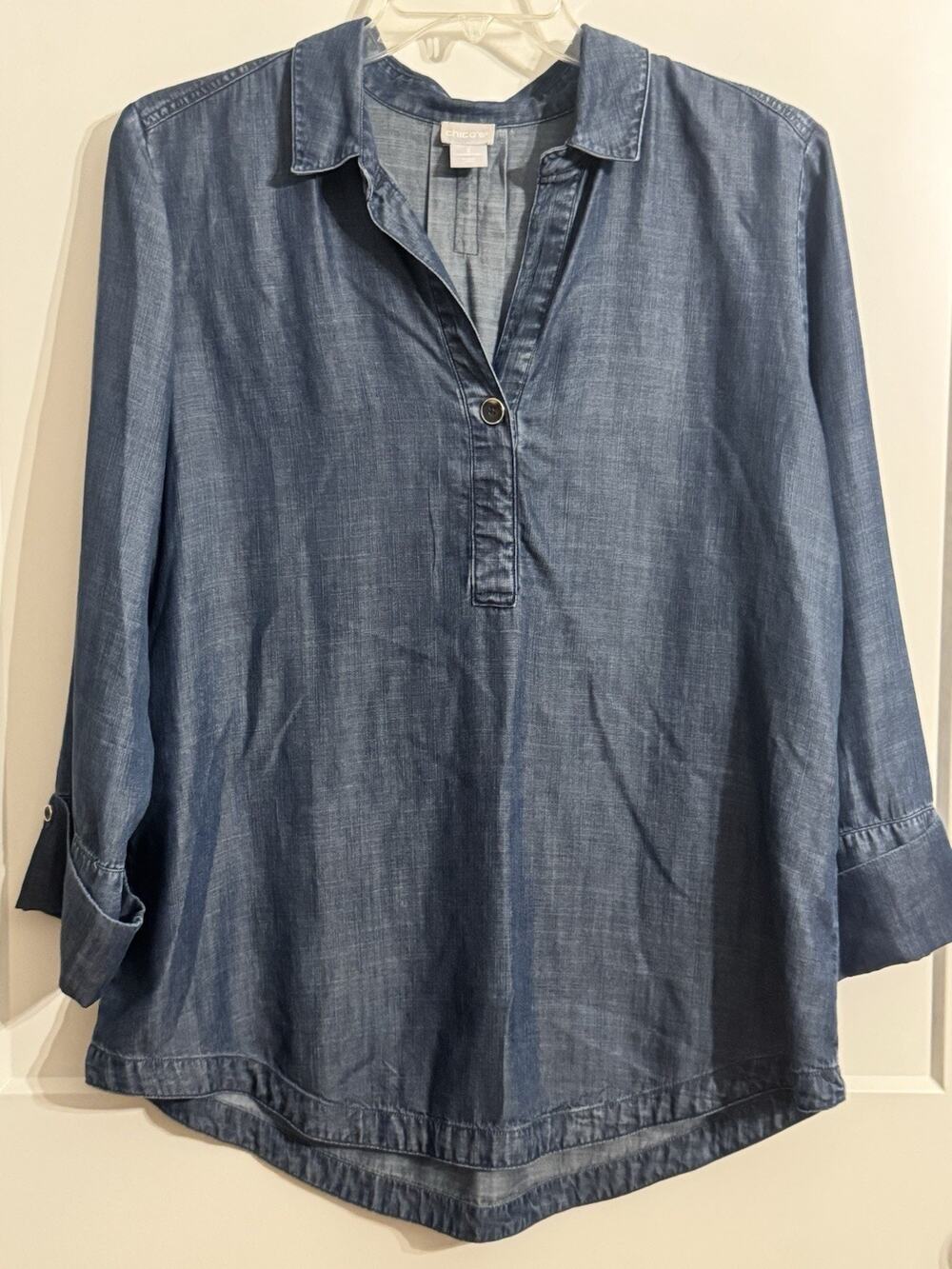 Chico’s Sz 2 Chambray Tunic Popover Coastal Vacation Summer Casual LagenLook